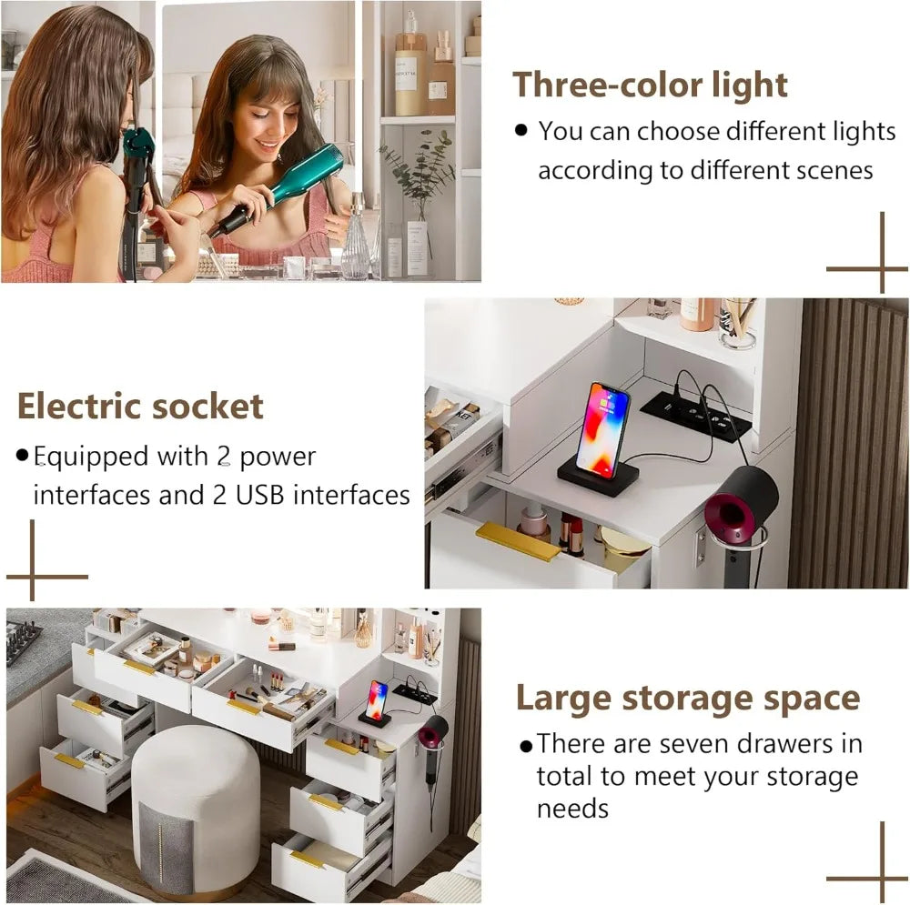 LED Makeup Vanity Desk with Lighted Mirror, Power Outlet, 3 Color Modes, Adjustable Brightness & Storage Drawers