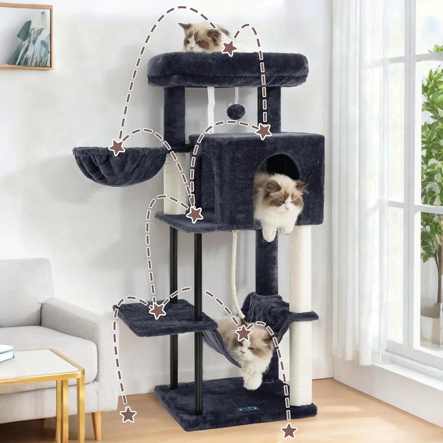 43.3 Inch Cat Tree Tower for Indoor Cats with Sturdy Steel Tube, Hammock, Condo, Scratching Post in Smoky Gray