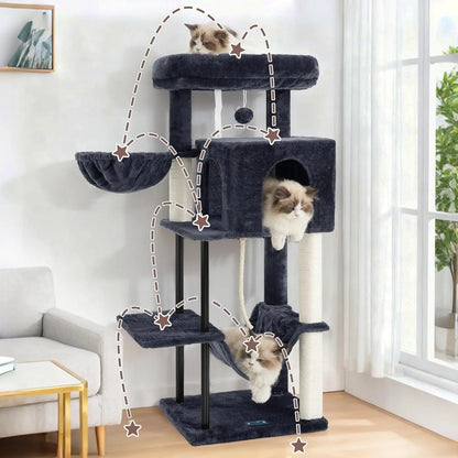 43.3 Inch Cat Tree Tower for Indoor Cats with Sturdy Steel Tube, Hammock, Condo, Scratching Post in Smoky Gray