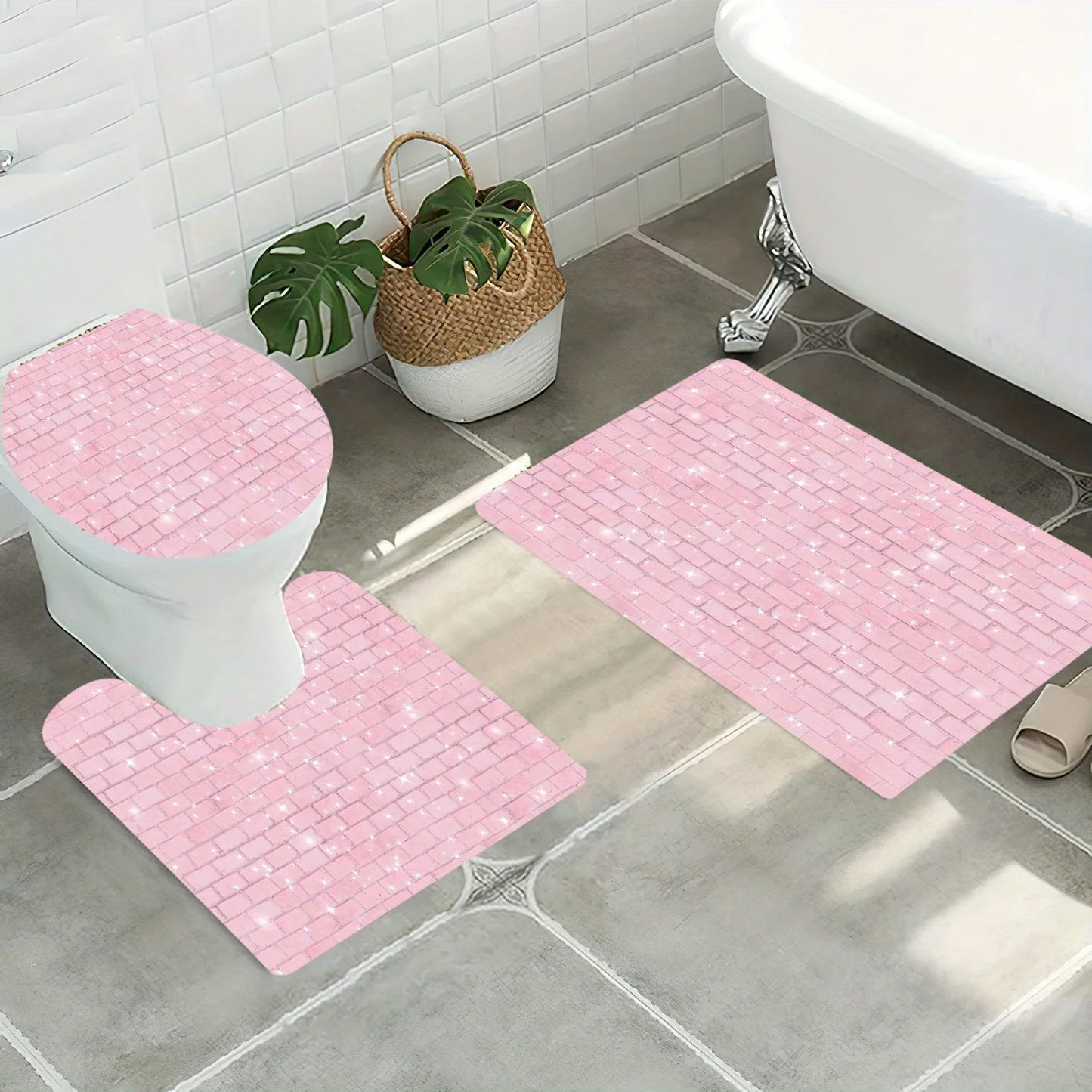 3pcs Glitter Pink Brick Bath Mat Set - Non-Slip Farmhouse Rug & Lid Cover for Shimmering Bathroom Decor & Festive Glam