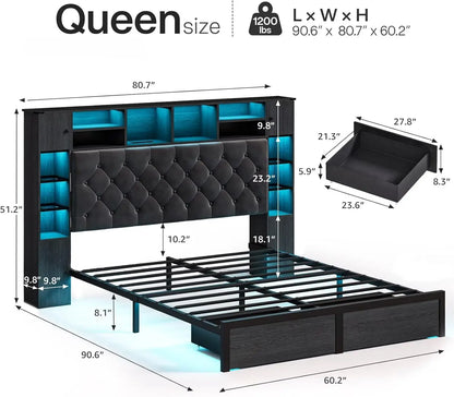 Queen Bed Frame with Bookcase Headboard and Storage Drawers, Metal Platform Queen Size Bed Frame , Black