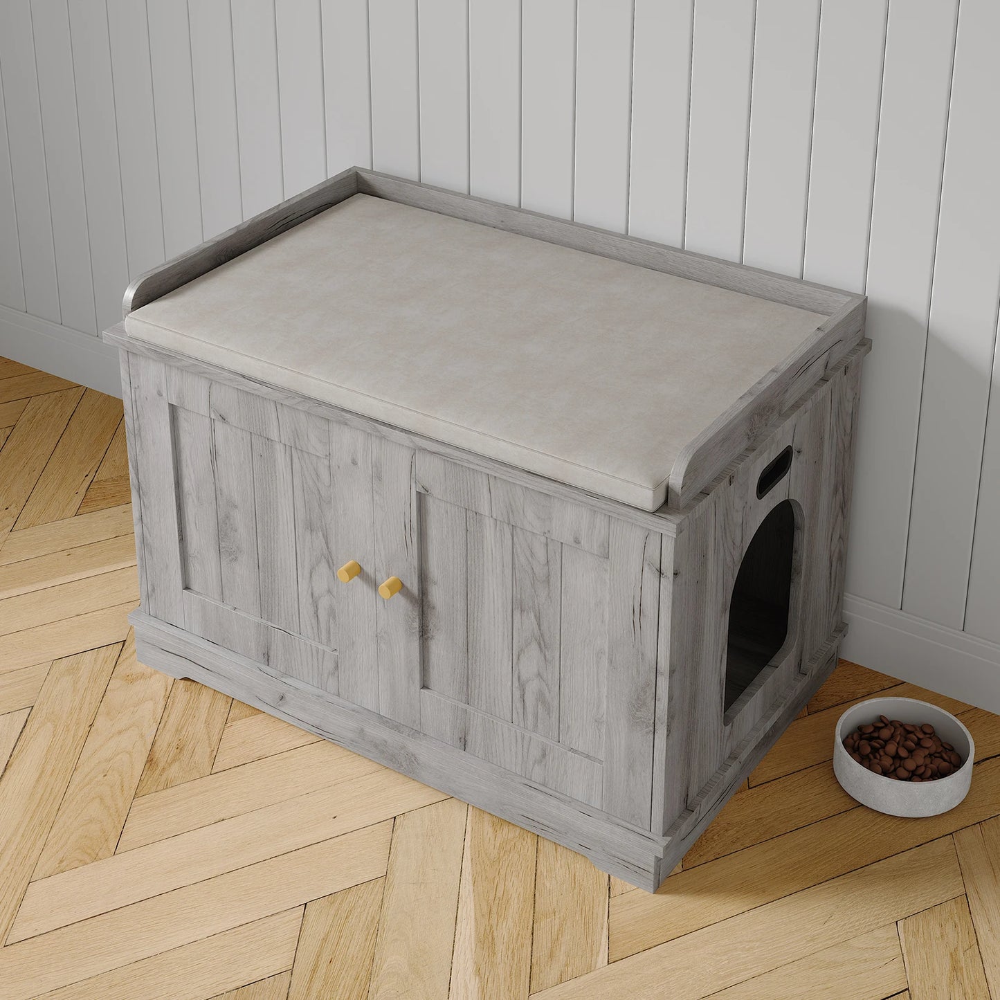 Modern Barn Door Cat Litter Box Enclosure Cabinet – Hidden Wooden Cat Washroom Furniture Large Indoor Pet House End Table