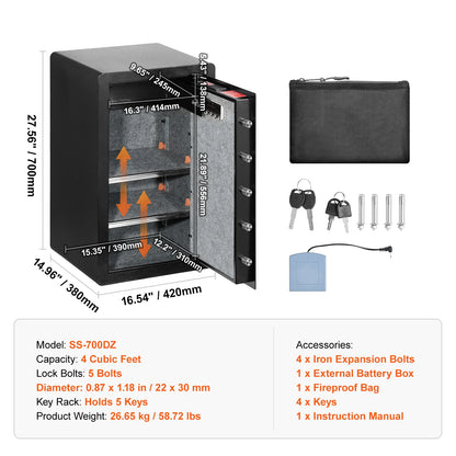 Single/Double Door Safe Box with Key Lock Password & Fingerprint Safe Lock Box with Fireproof Bag Key Rack & LED Light