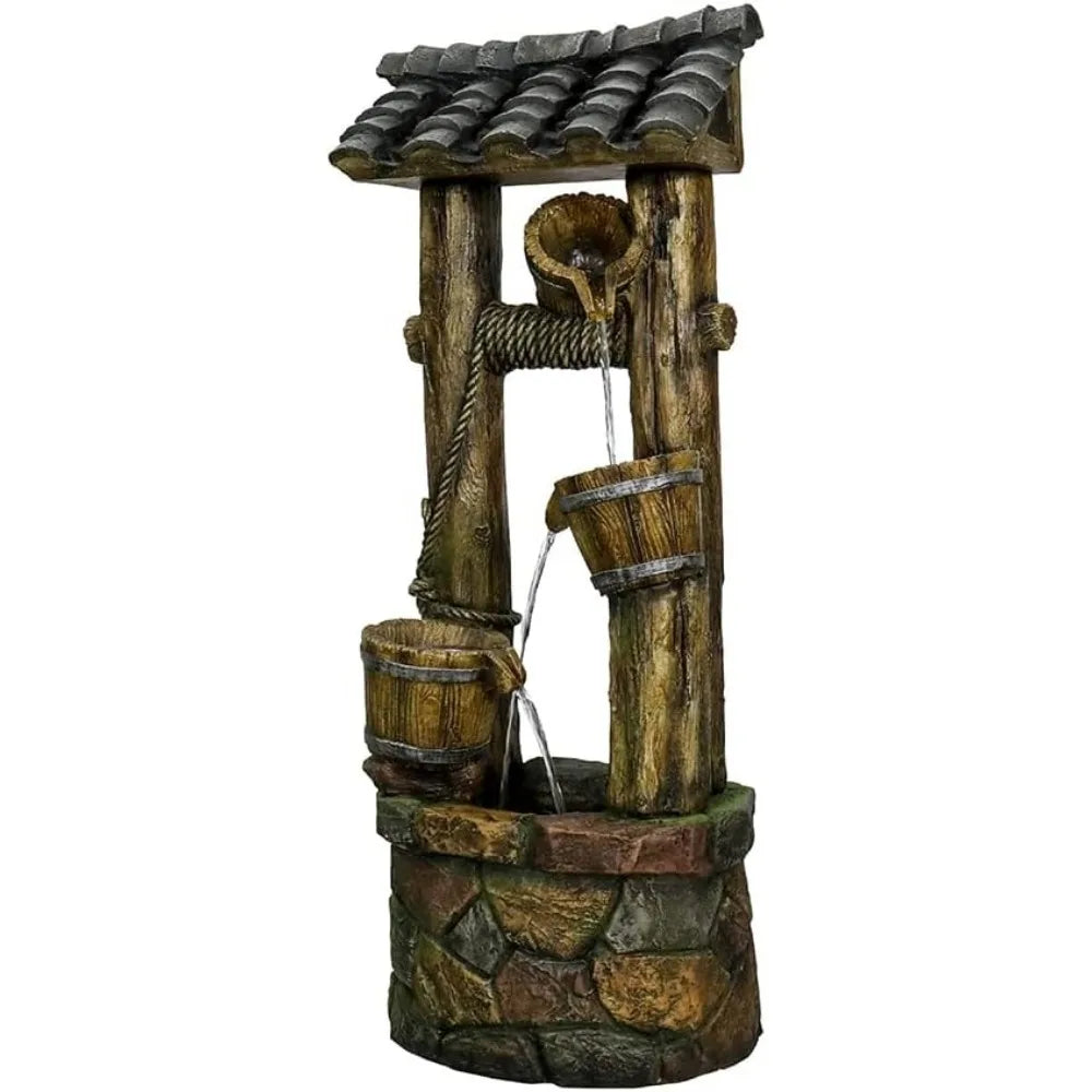 Wishing Well Rustic Outdoor Water Fountain with Buckets, Pump & Lights