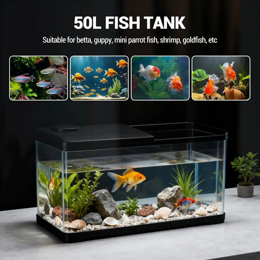 13-Gallon Aquarium Kit – Complete Fish Tank with LED Light & Lid for Goldfish, Betta & Shrimp