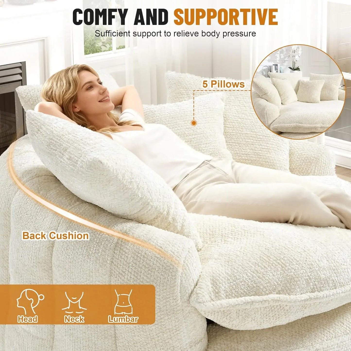 54.3” Round Chaise Lounge Chair Indoor, Modern Upholstered Boneless Couch with 5 Throw Pillows and Deep Seat,, Customized