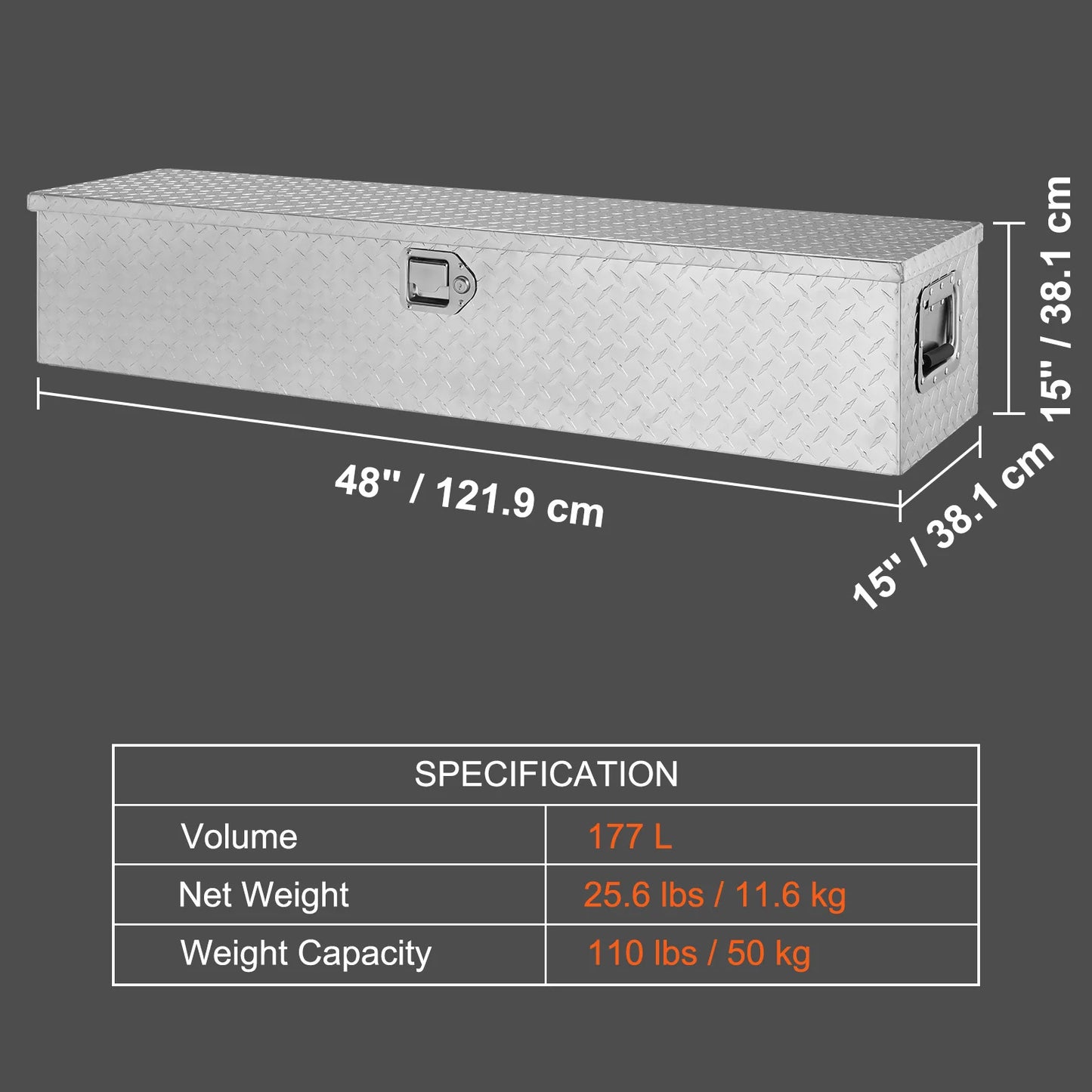 Heavy Duty Aluminum Truck Bed Tool Box, Diamond Plate Tool Box with Side Handle and Lock Keys for Pickup, Truck Bed, RV