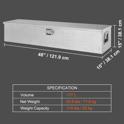 Heavy Duty Aluminum Truck Bed Tool Box, Diamond Plate Tool Box with Side Handle and Lock Keys for Pickup, Truck Bed, RV