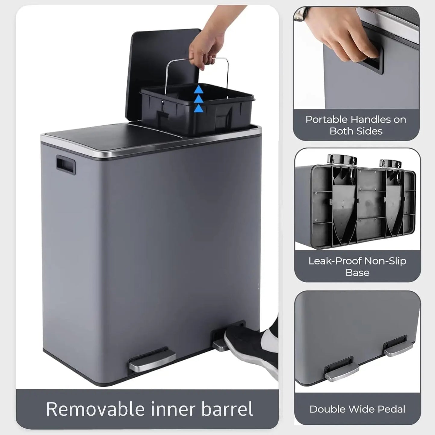 16 Gal Stainless Steel Kitchen Trash Can Dual Recycling Bin Garbage Can with Soft-Close Lid