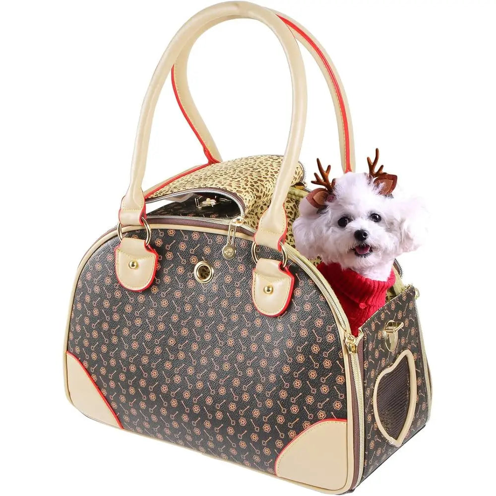 Fashion Dog Carrier PU Leather Dog Handbag Dog Purse Cat Tote Bag Pet Cat Dog Hiking Bag, Brown, Small 38 * 23 * 17cm