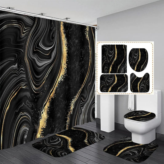 4-Piece Black Marble Shower Curtain Set, Modern Abstract Bathroom Decor Accessories Including Toilet Lid Cover