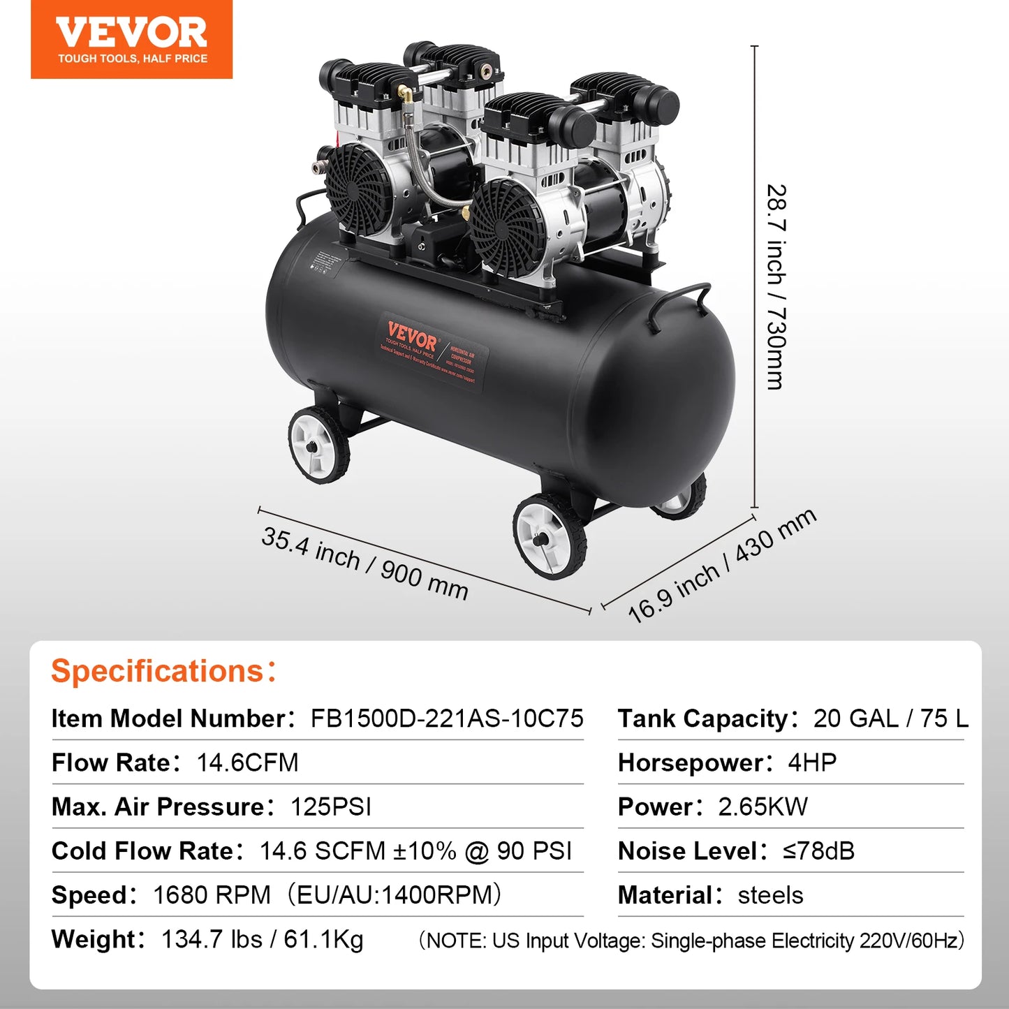 Air Compressor 750W/1450W/3000W Oil Free Air Compressor Quiet Portable Compressor Pump for Auto Repair Tire Inflation