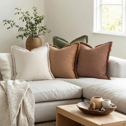 Set of 4 Neutral Linen Fringe Throw Pillows, Soft Rustic Cushions for Sofa