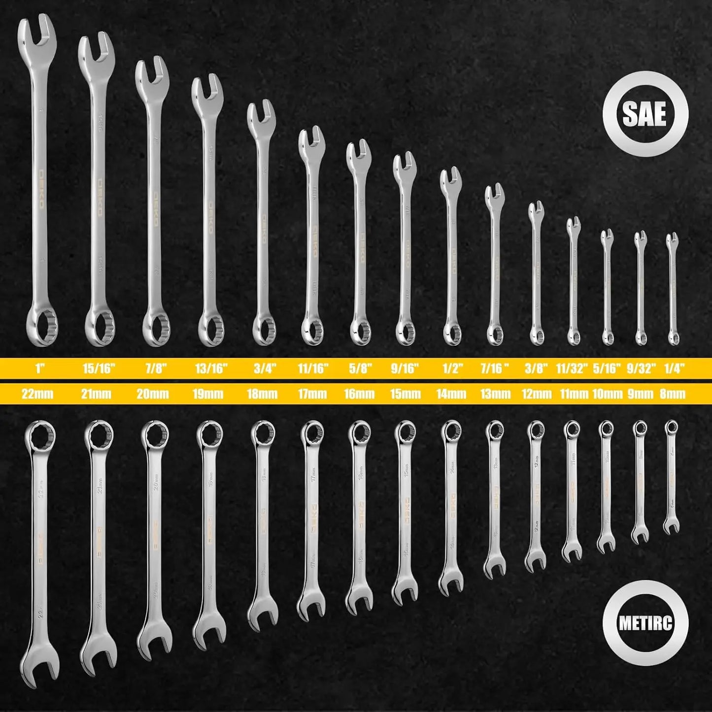 Combination Wrench Set, SAE & Metric,  1/4'' to 1'' & 8-22mm, 12-Point, Chrome Vanadium Steel, with Plastic Tray