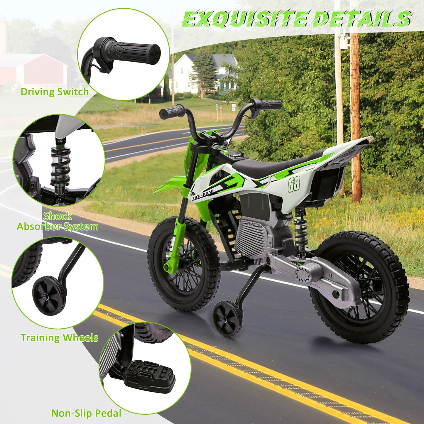 12v Kids Electric Dirt Bike with Training Wheels, 3Mph Max Speed