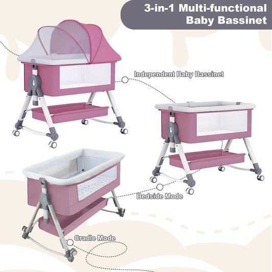 Foldable, Portable Baby Bassinet And Height Adjustable 3 in 1 Bedside Sleeper with Wheels And Mosquito Net