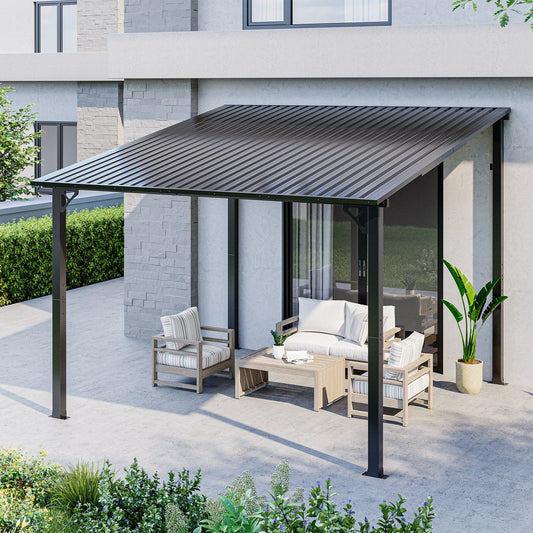 10x10/10x12/10x14FT Lean to Gazebo with Galvanized Steel Roof, Wall-Mounted Outdoor Pergola for Patio, Backyard