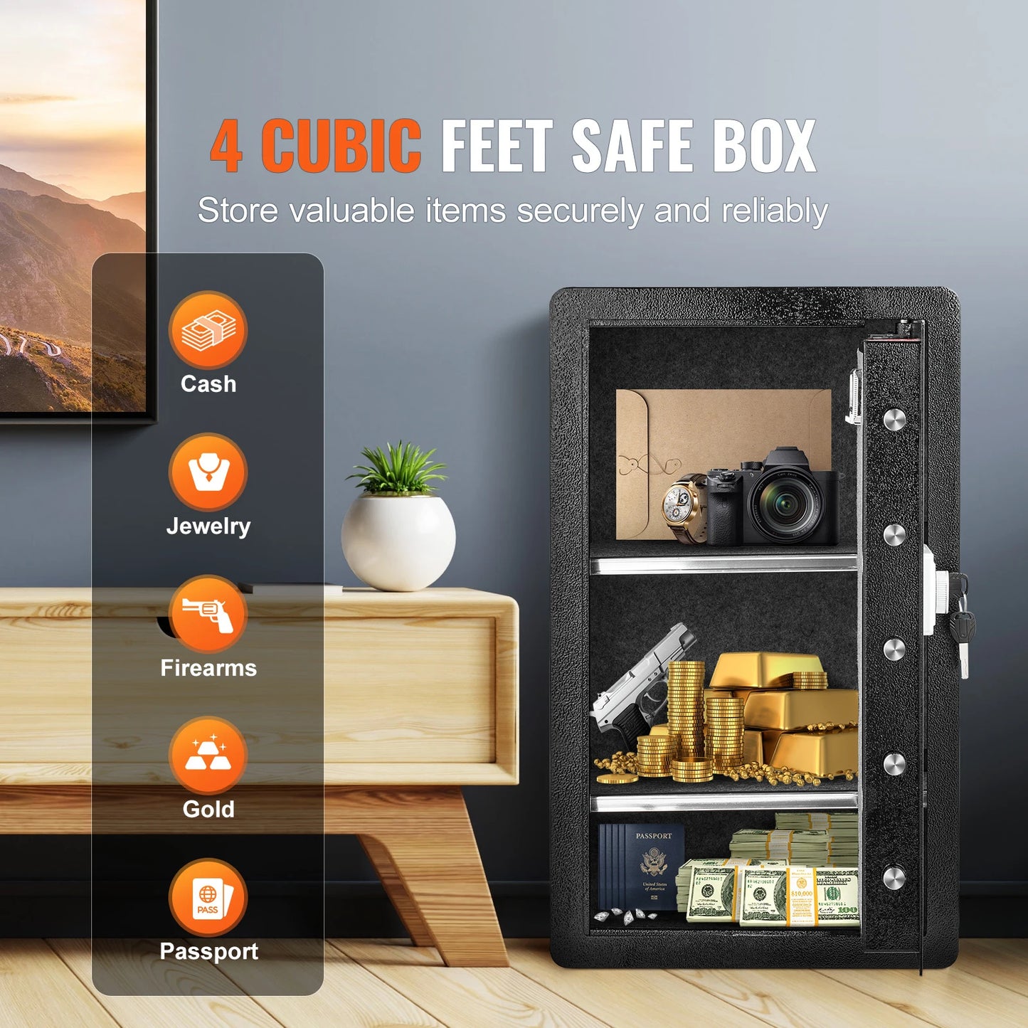 Single/Double Door Safe Box with Key Lock Password & Fingerprint Safe Lock Box with Fireproof Bag Key Rack & LED Light