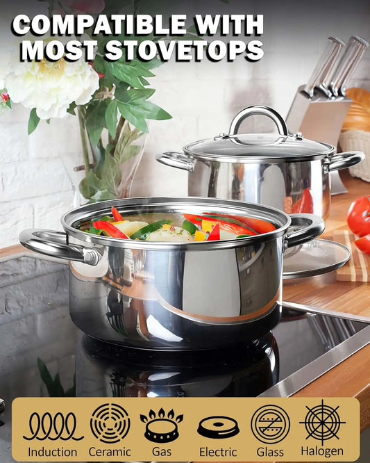 6 Piece Stainless Steel Stock Pot Set with Glass Lids for Induction Stoves