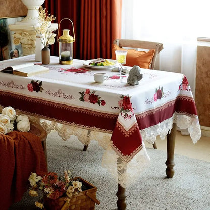 Lace Embroidered Tablecloth, Rectangular Cover,Classic Oblong Antique Flower Decor Macrame Tablecloth, Burgundy