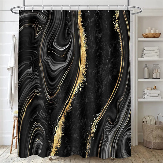 4-Piece Black Marble Shower Curtain Set, Modern Abstract Bathroom Decor Accessories Including Toilet Lid Cover