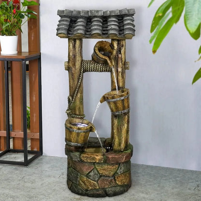 Wishing Well Rustic Outdoor Water Fountain with Buckets, Pump & Lights