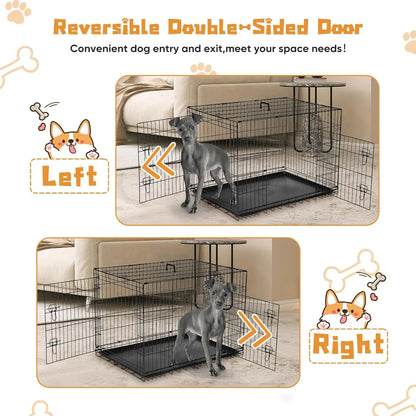 42 Inch Large Double Door Dog Crate with Leak-Proof Tray, Folding Metal Wire Pet Kennel for Indoor/ Outdoor Travel