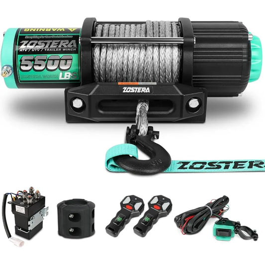5500lbs ATV/UTV Winch with Synthetic Rope, Electric Boat Trailer Winch 12V, Waterproof Winch with 2 Wireless Remotes &Wired Swit