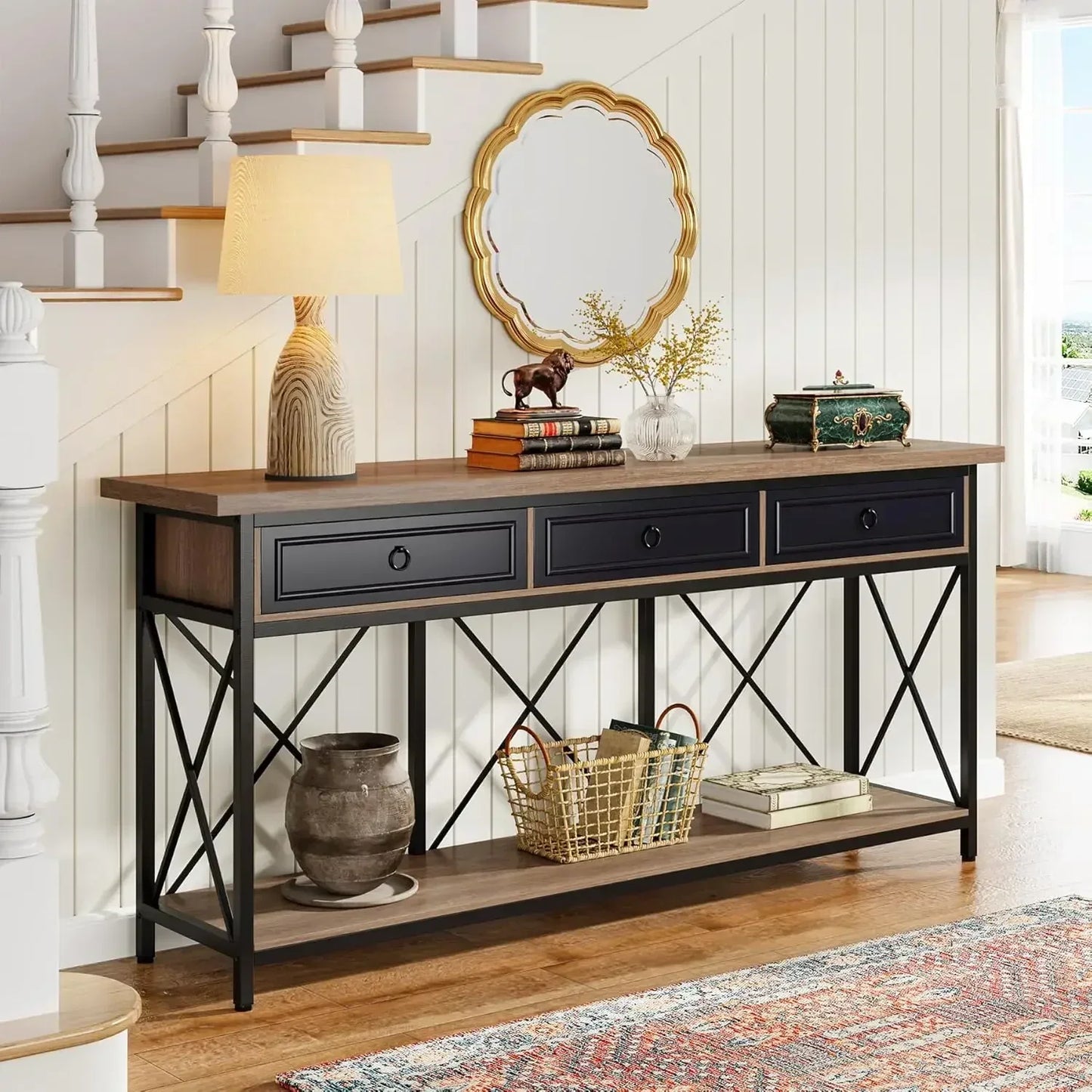 70.8" Console Table with 3 Drawers, Farmhouse Entryway Table with Storage Shelf, Narrow Long Sofa Foyer Table for Entryway