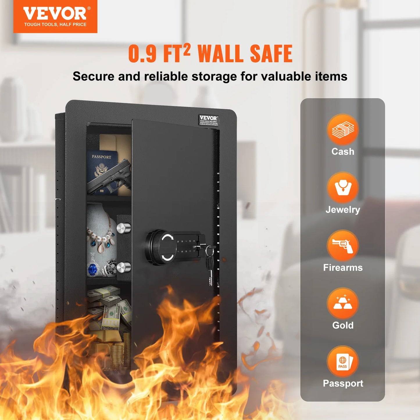 Tall Wall Safe 3/4-Tier Hidden Wall Safe w/ Keypad Q235 Cold-Rolled Steel In Wall Safe for Money Jewelry Passport Home