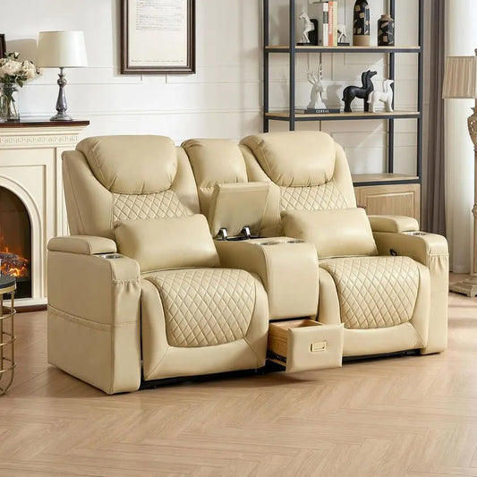 Beige Leather Loveseat Recliner with Double Recline, Center Console, and 2 Pillows for Cozy Theater-Style Seating