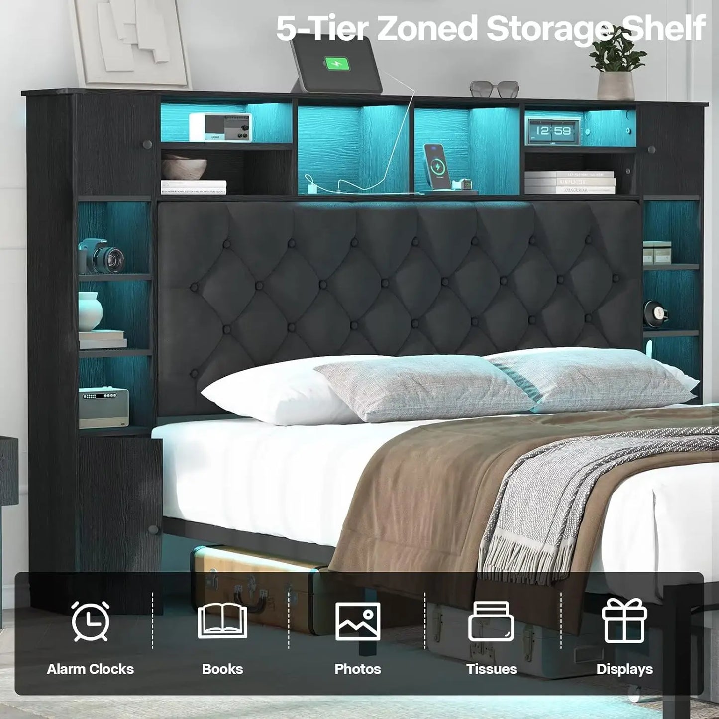 Queen Bed Frame with Bookcase Headboard and Storage Drawers, Metal Platform Queen Size Bed Frame , Black