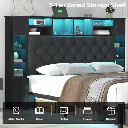 Queen Bed Frame with Bookcase Headboard and Storage Drawers, Metal Platform Queen Size Bed Frame , Black