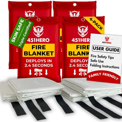 Fire Blanket 4 Pack, Triple Certified, Comfort Weave SkinSafe Fiberglass