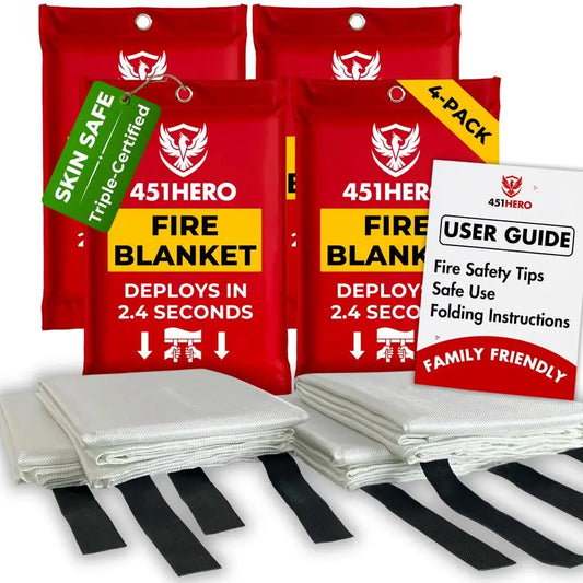 Fire Blanket 4 Pack, Triple Certified, Comfort Weave SkinSafe Fiberglass