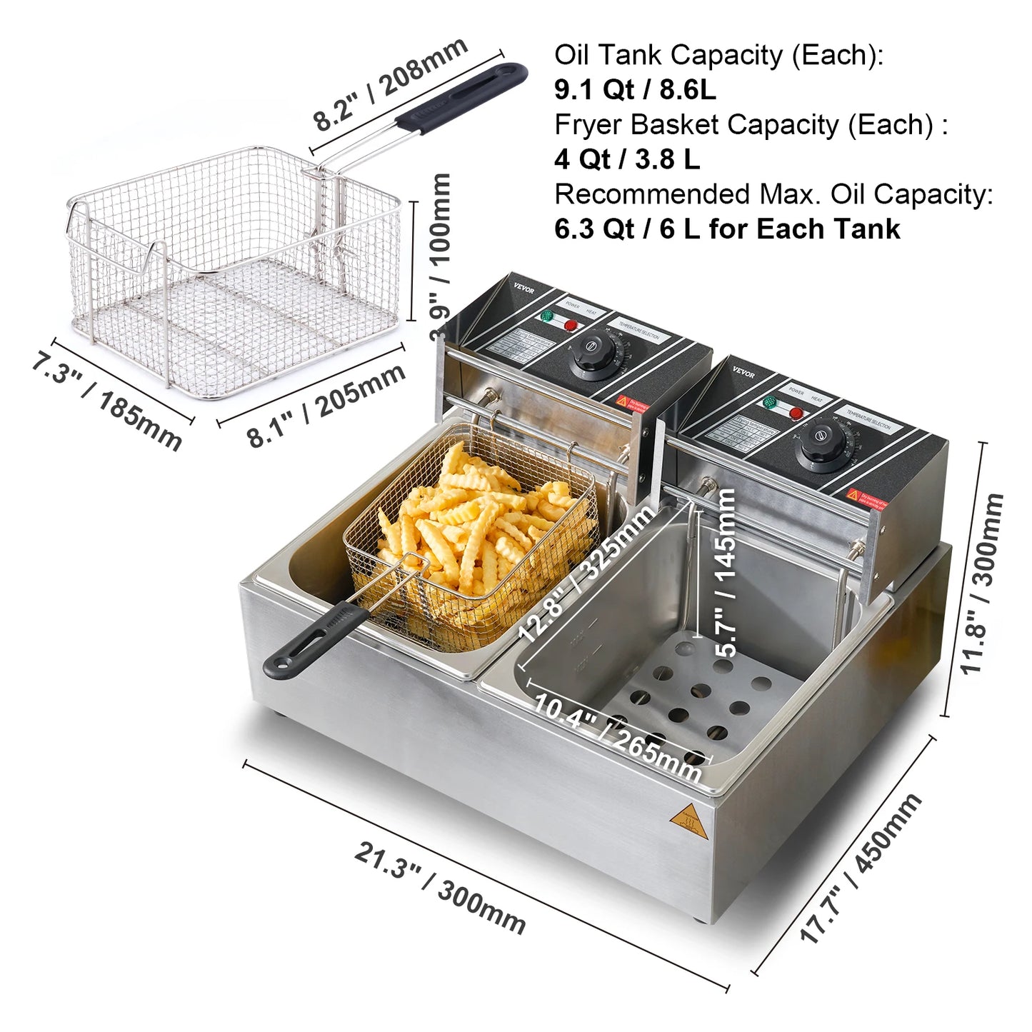 12L Electric Deep Fryer w/Dual Removable Tanks Commercial Countertop  Fryer for Chicken French Fries Frying Chips