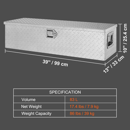 Heavy Duty Aluminum Truck Bed Tool Box, Diamond Plate Tool Box with Side Handle and Lock Keys for Pickup, Truck Bed, RV