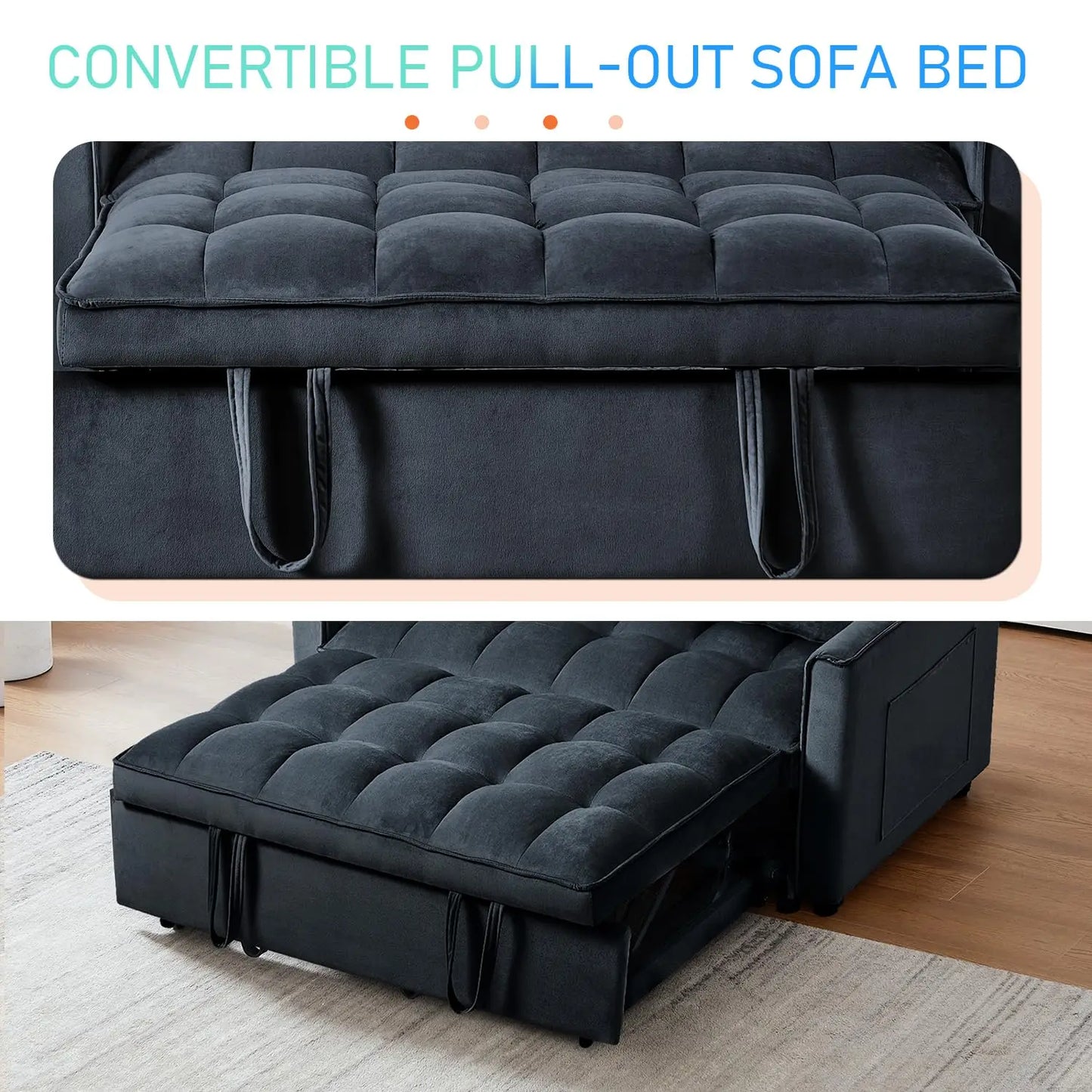3-in-1 Convertible Sleeper Sofa Bed Adjustable Velvet Pull Out Loveseat Side Pocket Living Room Black Customized