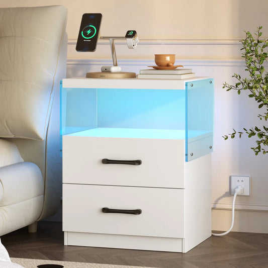 Nightstand with Charging Station and LED Lights, 2 Drawer Bedside Wooden Table