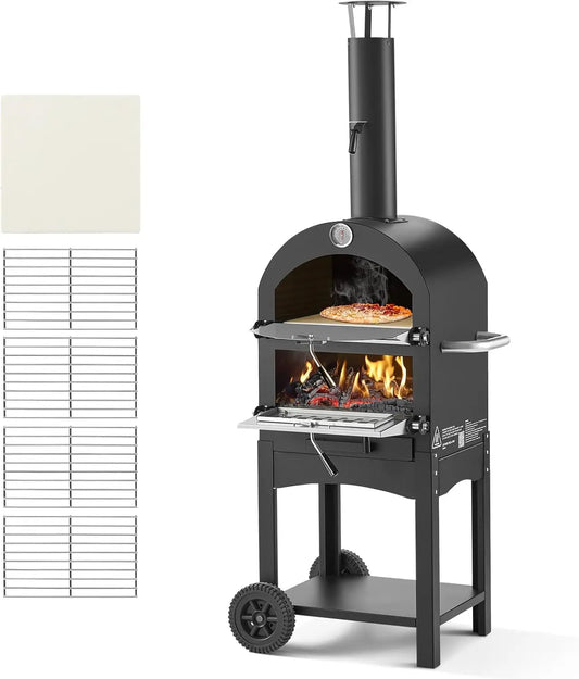12" Wood Fired Pizza Oven with 2 Removable Wheels, 1000℉ Max Temperature for Outdoor Barbecue Cooking