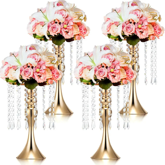 4 Pcs Wedding Centerpieces for Tables 13 Inch Tall Crystal Flower Stand Floral Vases  Decor (Gold)