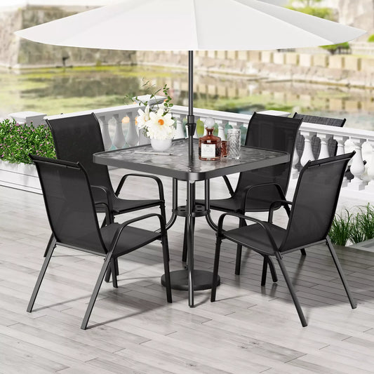 5 Piece Patio Dining Set , All Weather Outdoor Furniture W/ 30"x 30" Table and 4 Stackable Chairs & Metal Table