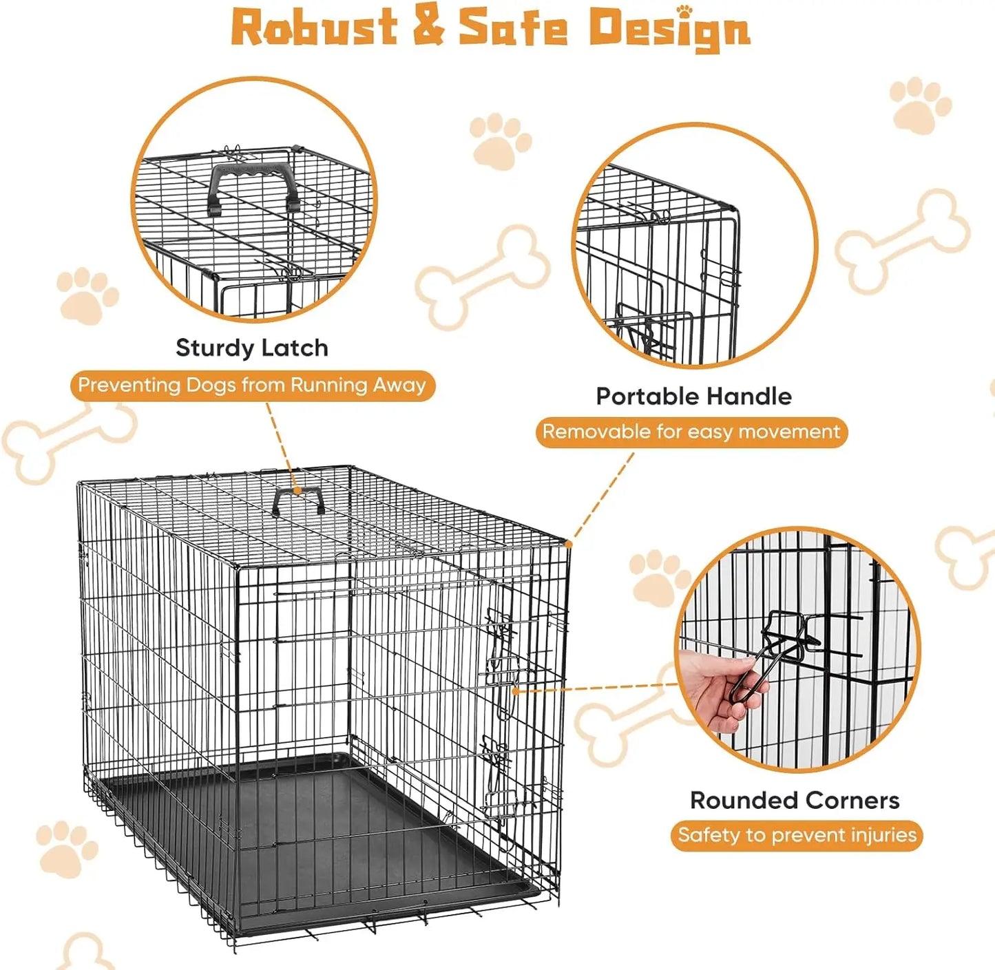 42 Inch Large Double Door Dog Crate with Leak-Proof Tray, Folding Metal Wire Pet Kennel for Indoor/ Outdoor Travel