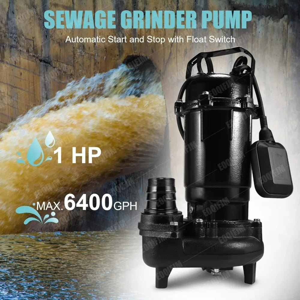 110V Cast Iron Submersible Sewage Grinder Pump with Auto Float Switch, 6400 GPH for Basement Applications