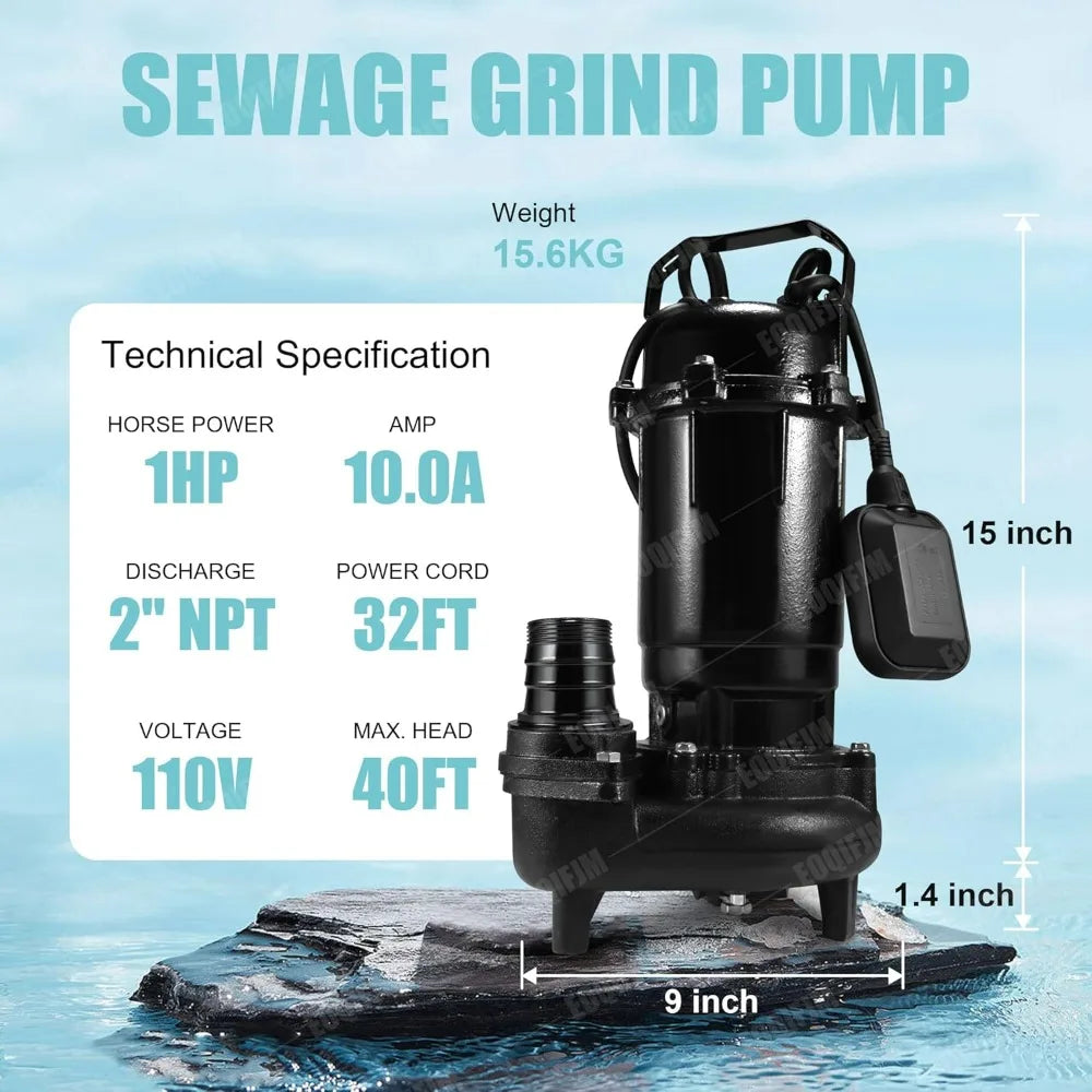 110V Cast Iron Submersible Sewage Grinder Pump with Auto Float Switch, 6400 GPH for Basement Applications