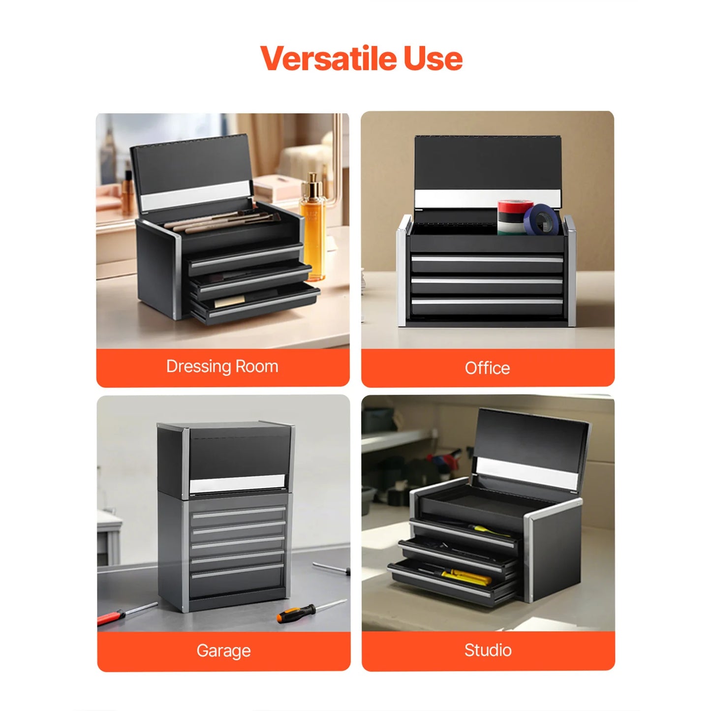 8.6in 3 Drawers Metal Tool Box Portable Tools Chest with Feet Pads & Ball Bearing Powder Coated Tool Storage for Garage