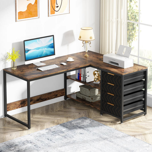 L Shaped Computer Desk with Storage Drawers And Shelves, Reversible