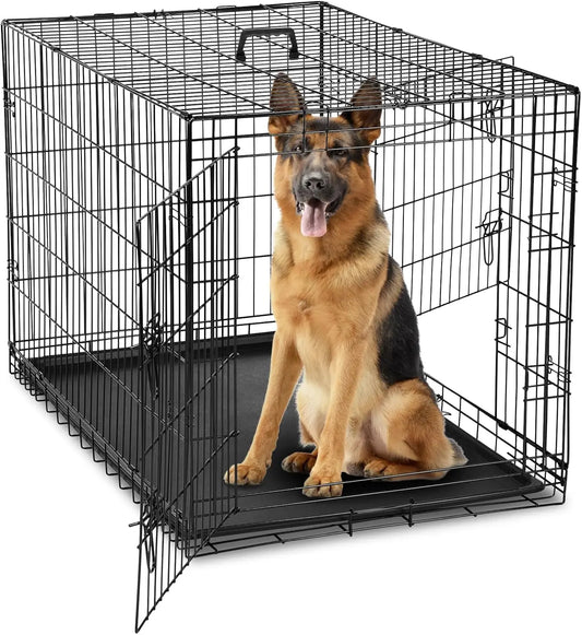42 Inch Large Double Door Dog Crate with Leak-Proof Tray, Folding Metal Wire Pet Kennel for Indoor/ Outdoor Travel