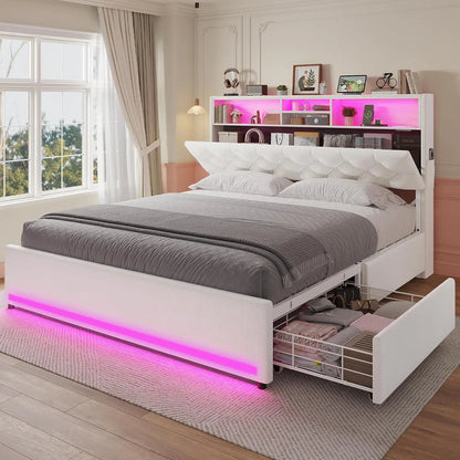 Velvet Platform Bed with LED Lights, Storage Drawers, and Charging Station in Creamy White