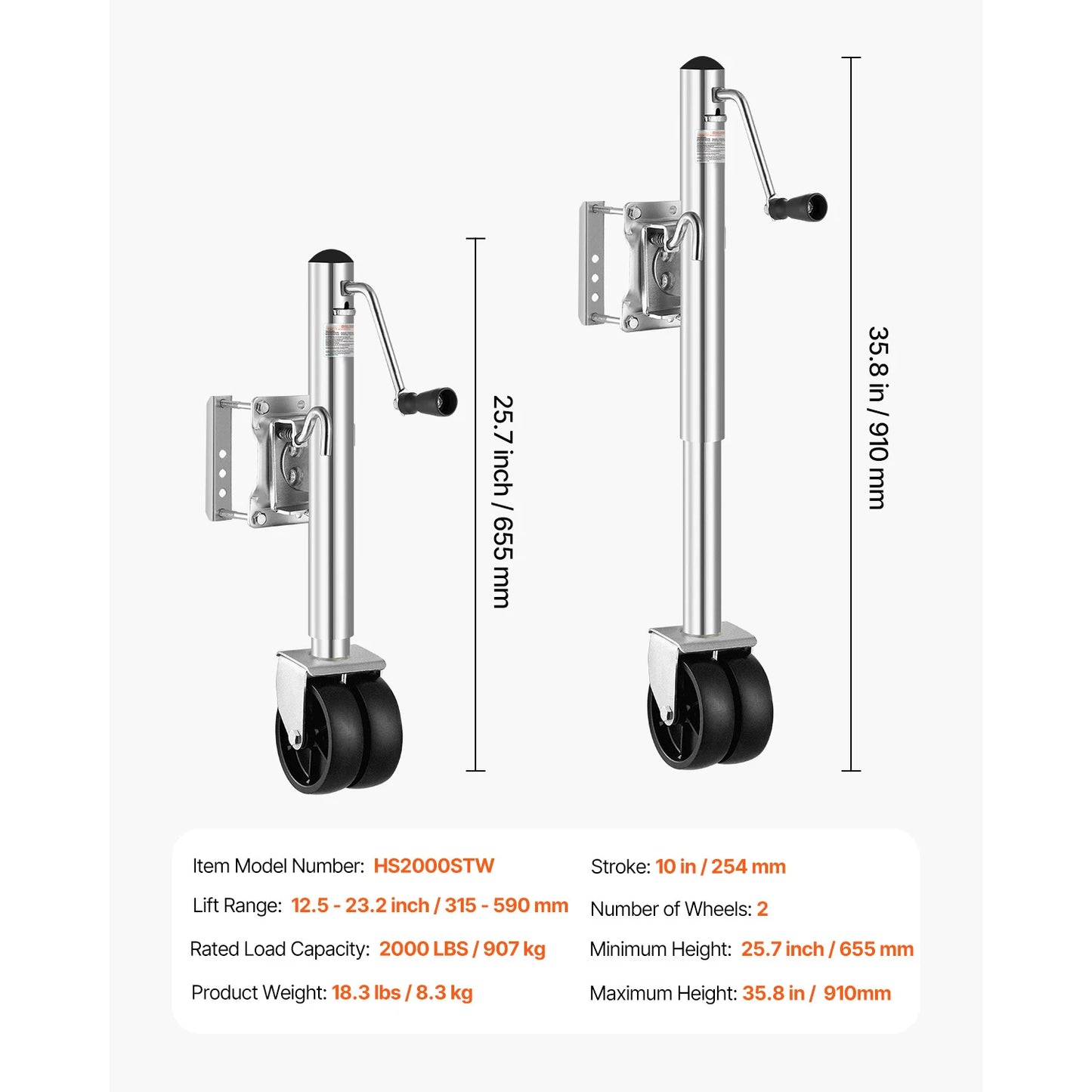 Trailer Jack w/ Wheel 2000lbs Capacity Heavy Duty Swivel Boat Jack w/ PP Single Wheel & Ergonomic Handle 12in Lift for RVs